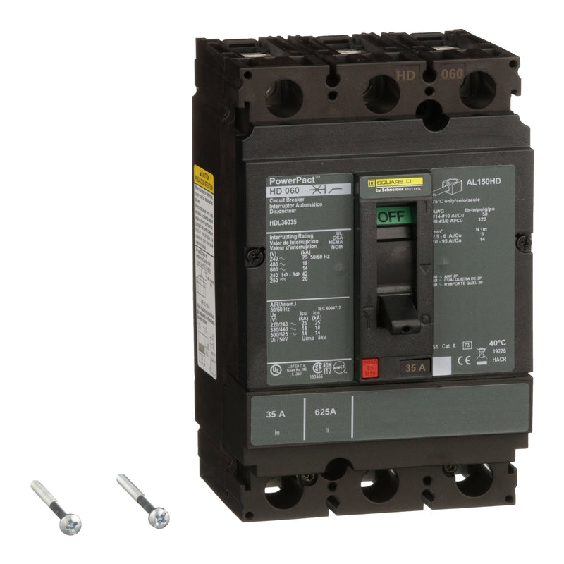 HDL36045 - Square D - Circuit breaker, PowerPacT H, 45A, 3-Pole, 600V, 14kA, lugs, 80%