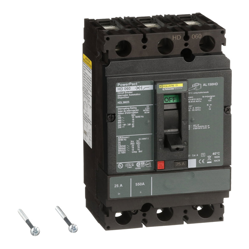 HDL36035 - Square D - Circuit breaker, PowerPacT H, 35A, 3-Pole, 600V, 14kA, lugs, 80%