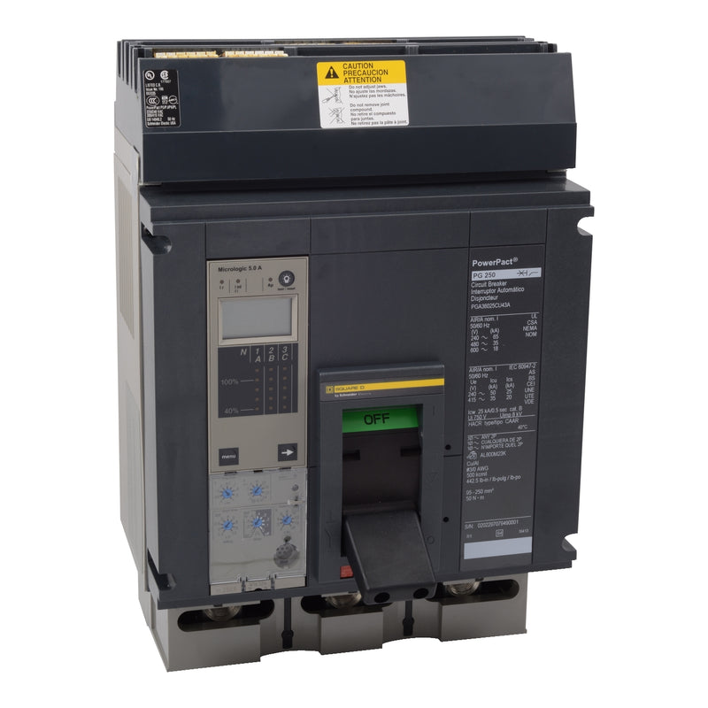 PJA36120U44A - Square D - PowerPacT P 1200A 3-Pole 600V Molded Case Circuit Breaker, I-Line, 25kAIC at 600V