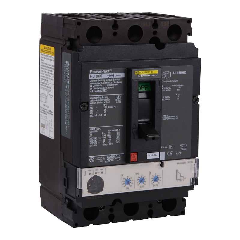 HJL36100U33X - Square D - Circuit breaker, PowerPacT H, 100A, 3-Pole, 600V, 25kA, lugs