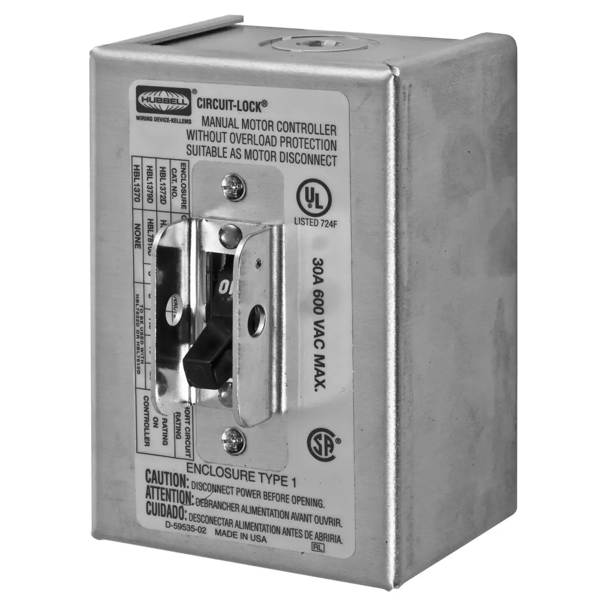 HUBHBL1379 - Hubbell - 30A 3-Pole 600V AC Toggle Motor Disconnect Switch