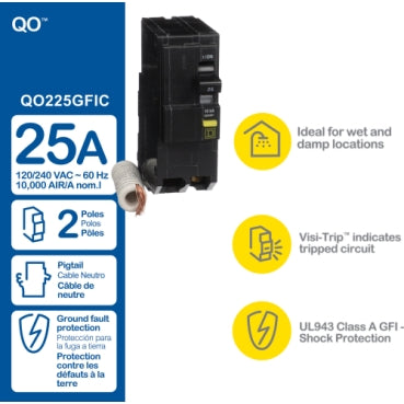 QO225GFI - Square D -  QO 25A 2-Pole 120/240V GFCI Ground Fault Circuit Breaker, Plug-In