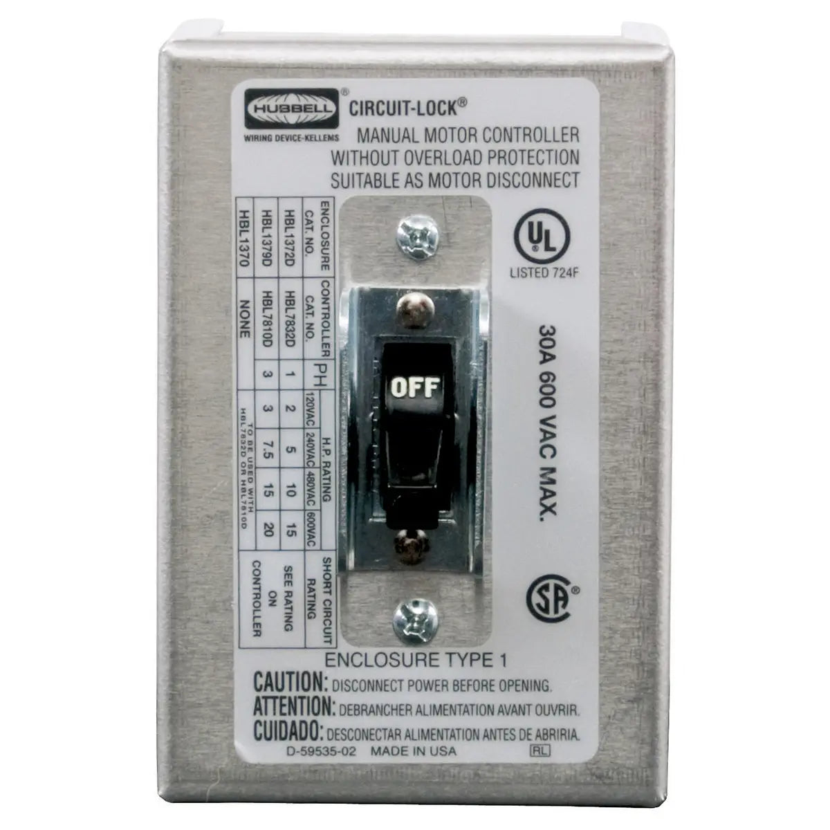 HUBHBL1379 - Hubbell - 30A 3-Pole 600V AC Toggle Motor Disconnect Switch