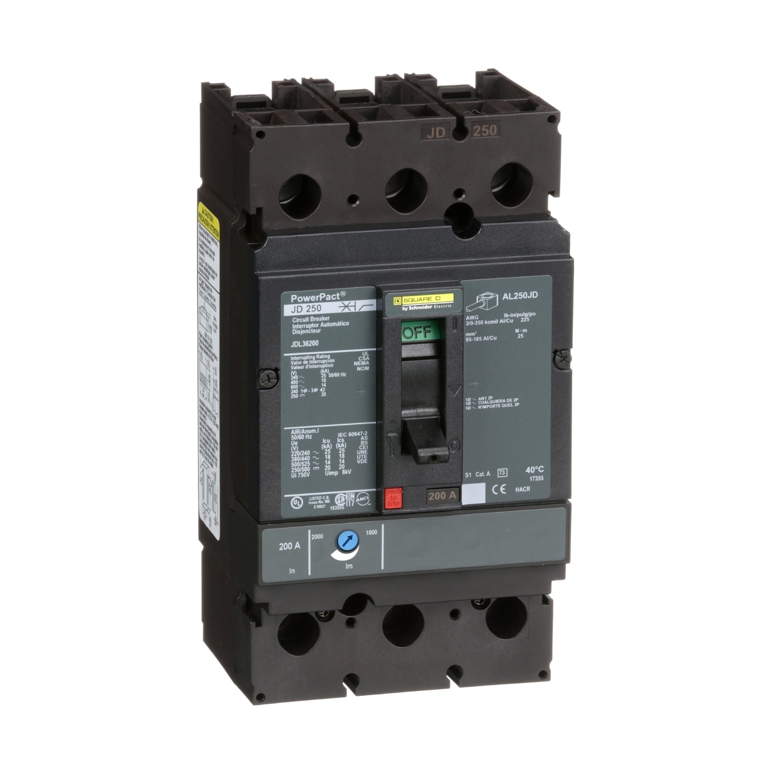 JDL36200 - Schneider Electric - Feed-Thru 200 Amp 3 Pole 600 Volt Square D Molded Case Circuit Breaker