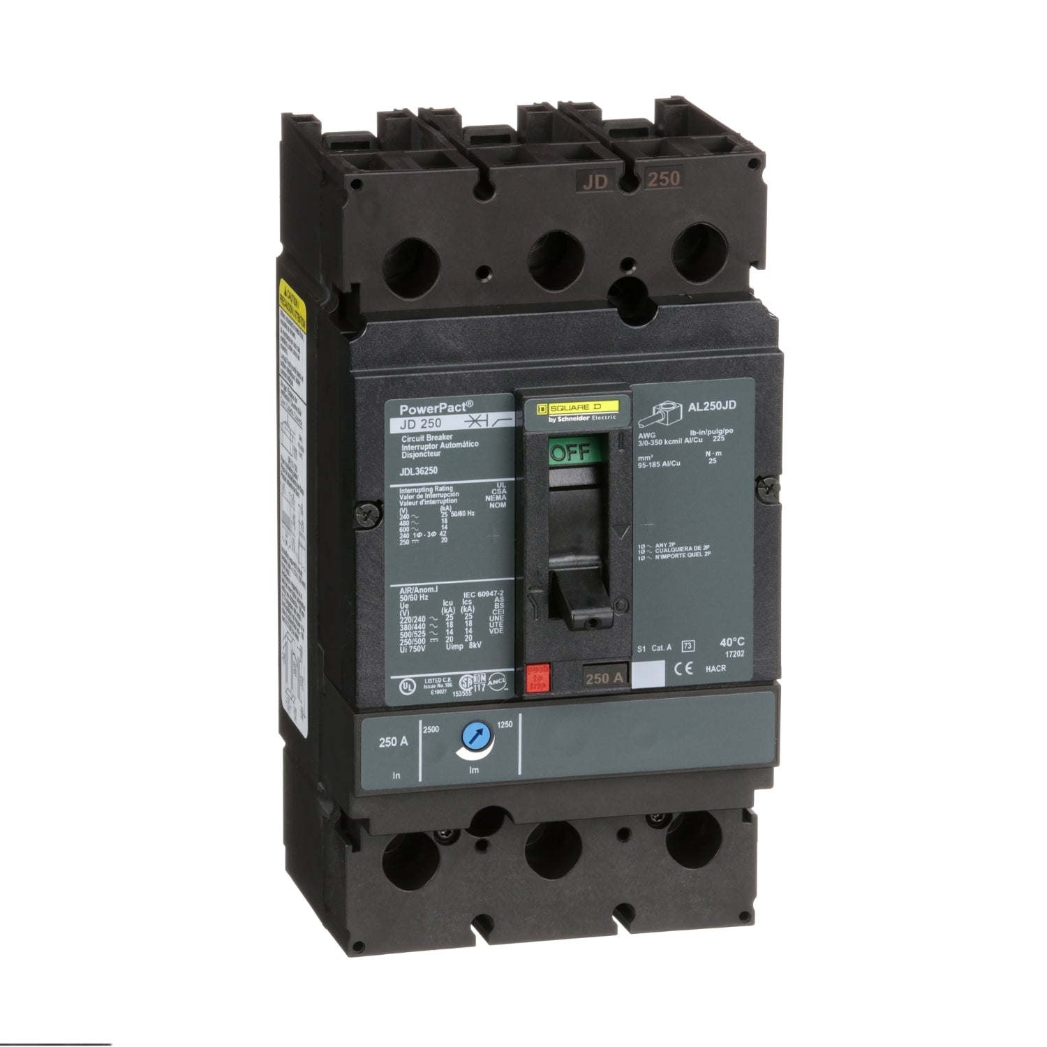 JDL36250 - Schneider Electric - Feed-Thru 250 Amp 3 Pole 600 Volt Square D Molded Case Circuit Breaker