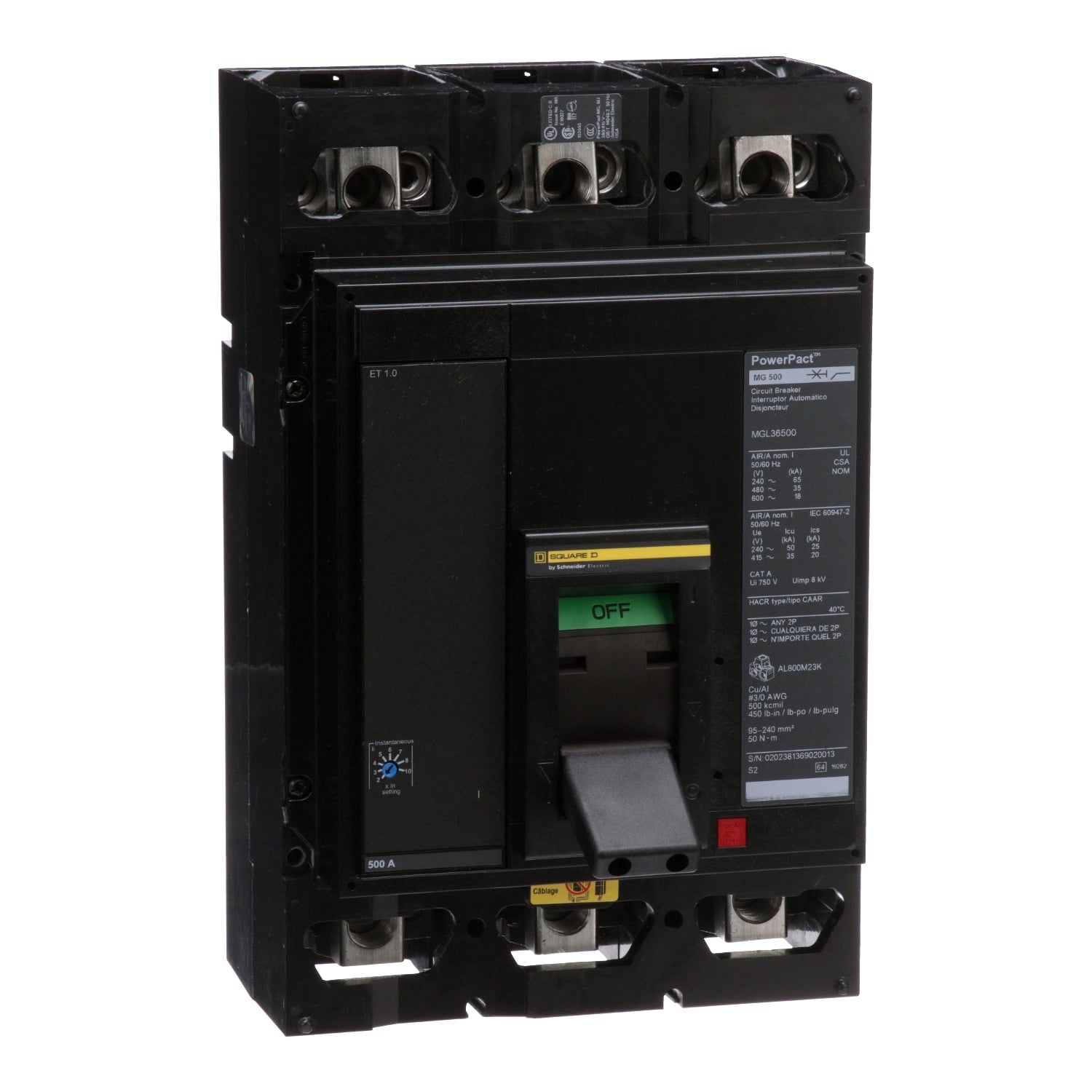 MGL36500 - Schneider Electric - Feed-Thru 500 Amp 3 Pole 600 Volt Square D Molded Case Circuit Breaker