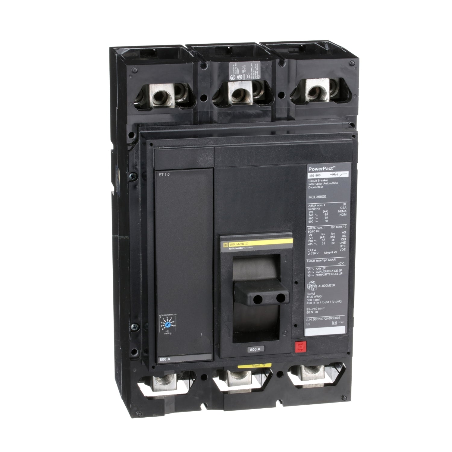 MGL36800 - Schneider Electric - Feed-Thru 800 Amp 3 Pole 600 Volt Square D Molded Case Circuit Breaker