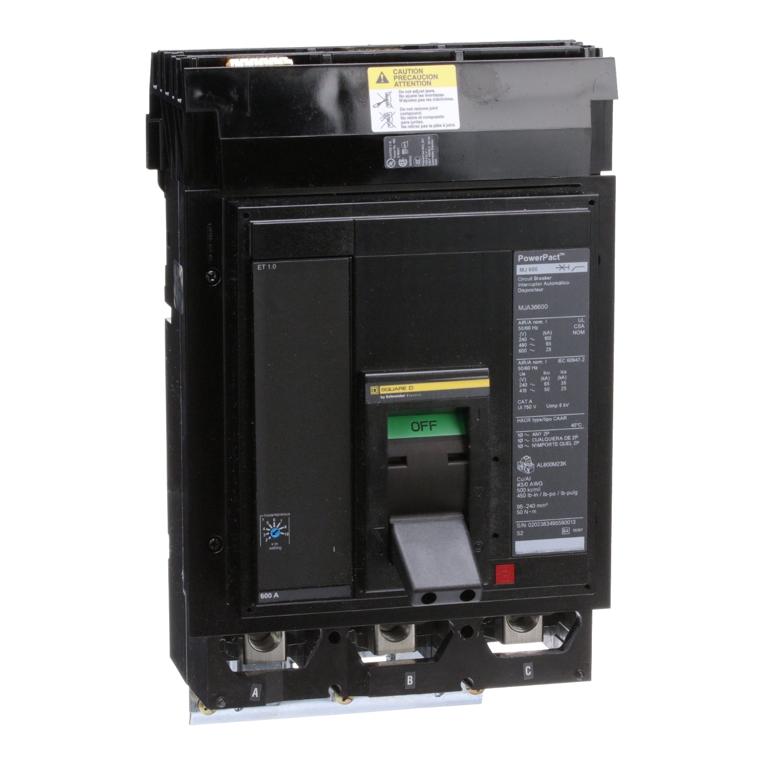 MJA36600 - Schneider Electric - I-Line Plug-In 600 Amp 3 Pole 600 Volt Square D Molded Case Circuit Breaker