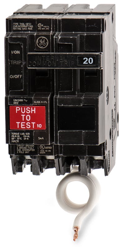 THQL2120GF1 - General Electric - 20 Amp 2-Pole 120/240V THQL GFCI Circuit Breaker 10kAIC Plug-In