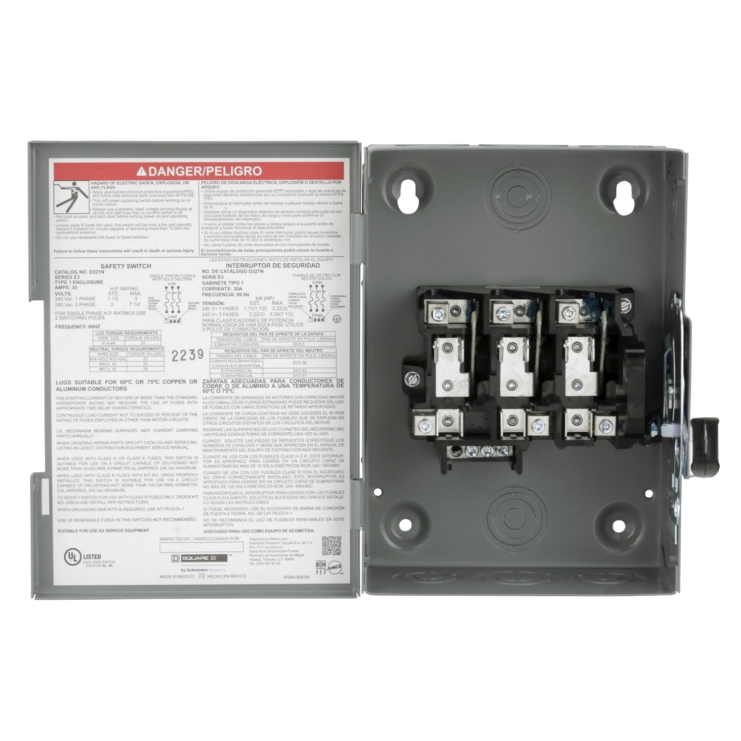 D322NRB - Schneider Electric - Square D Safety Switch General Duty Fusible 3 Pole 4 Wire 240VAC 60A Type 3R Bolt-on Hub Provision with Neutral