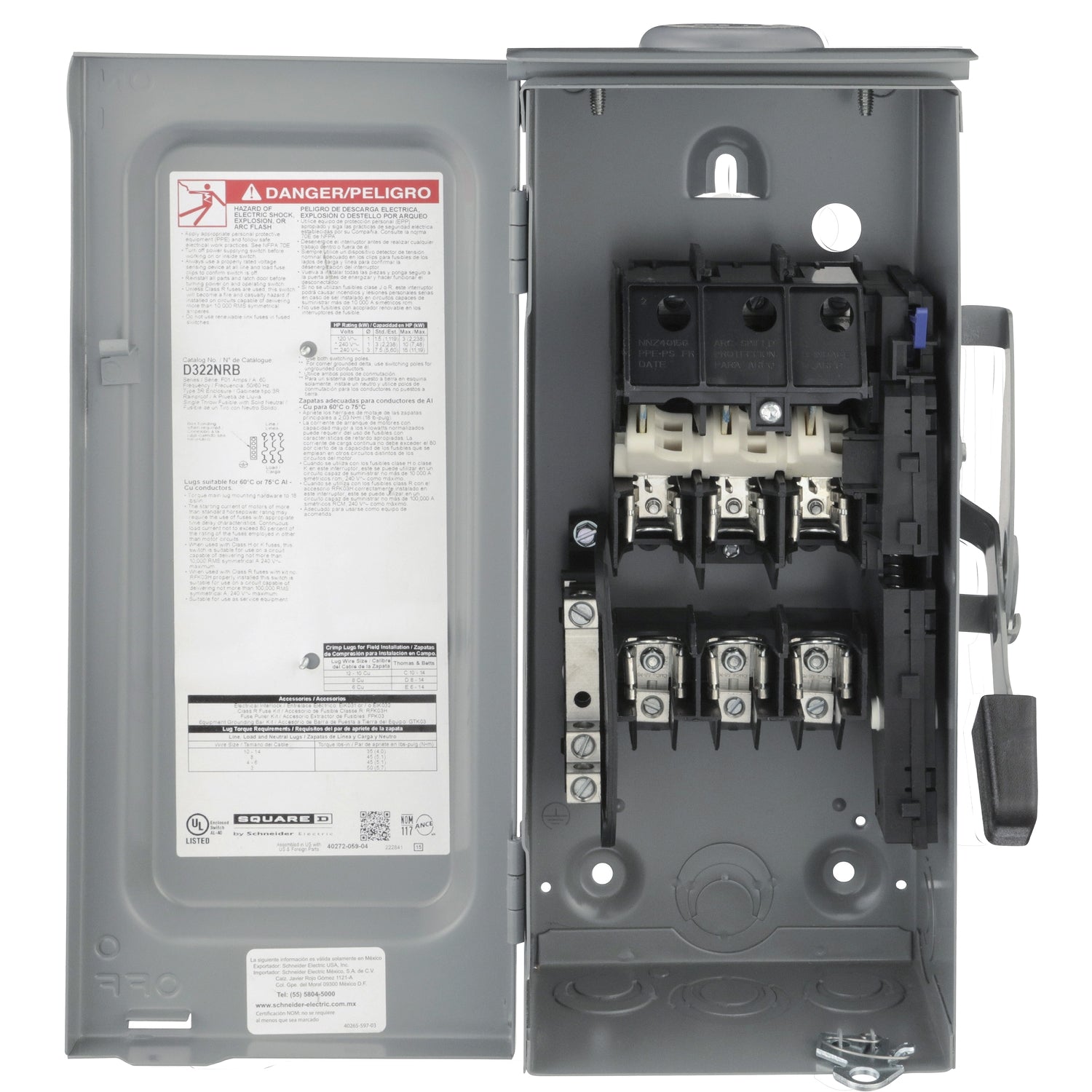 D322NRB - Schneider Electric - Square D Safety Switch General Duty Fusible 3 Pole 4 Wire 240VAC 60A Type 3R Bolt-on Hub Provision with Neutral